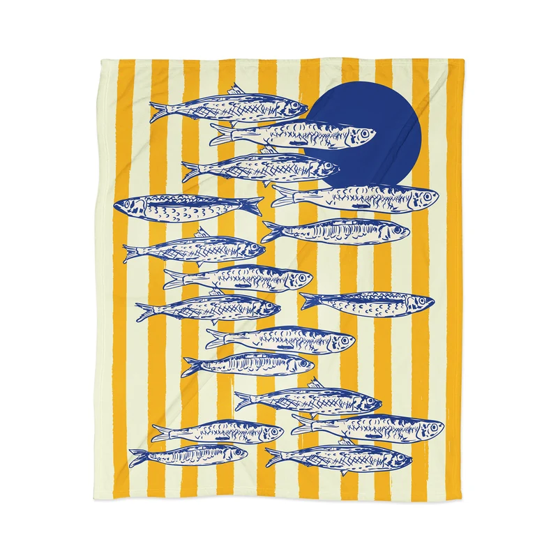 Bright Yellow Stripes and Sardines Sunset Coastal Illustration Throw Blanket