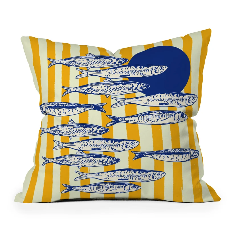 Bright Yellow Stripes and Sardines Sunset Coastal Illustration Throw Pillow