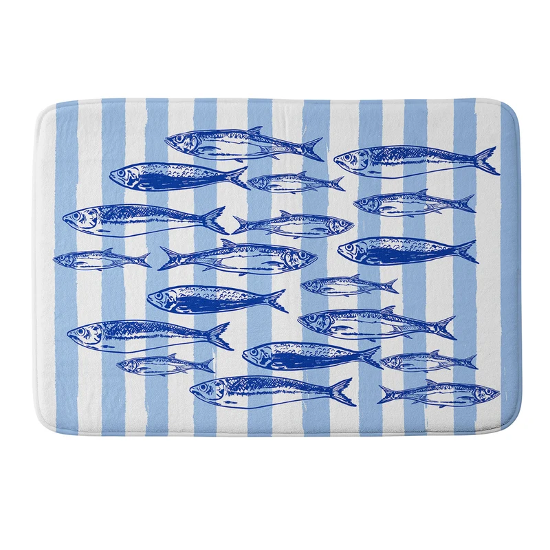 Coastal Blue Stripes Sardines Aesthetic Bath Mat