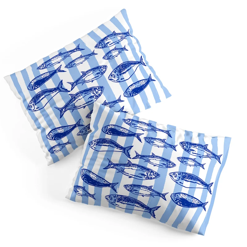 Coastal Blue Stripes Sardines Aesthetic Pillow Sham