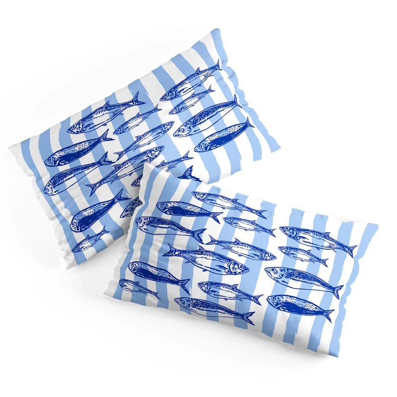 Coastal Blue Stripes Sardines Aesthetic Pillow Sham