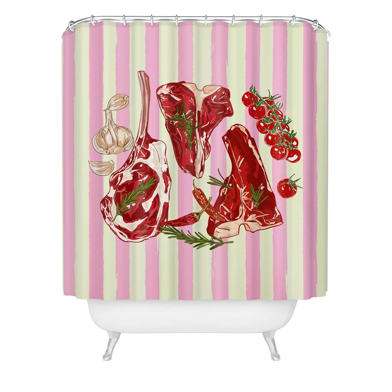 Herb Seasoned Steak Vintage Food Pink Stripe Illustration Shower Curtain