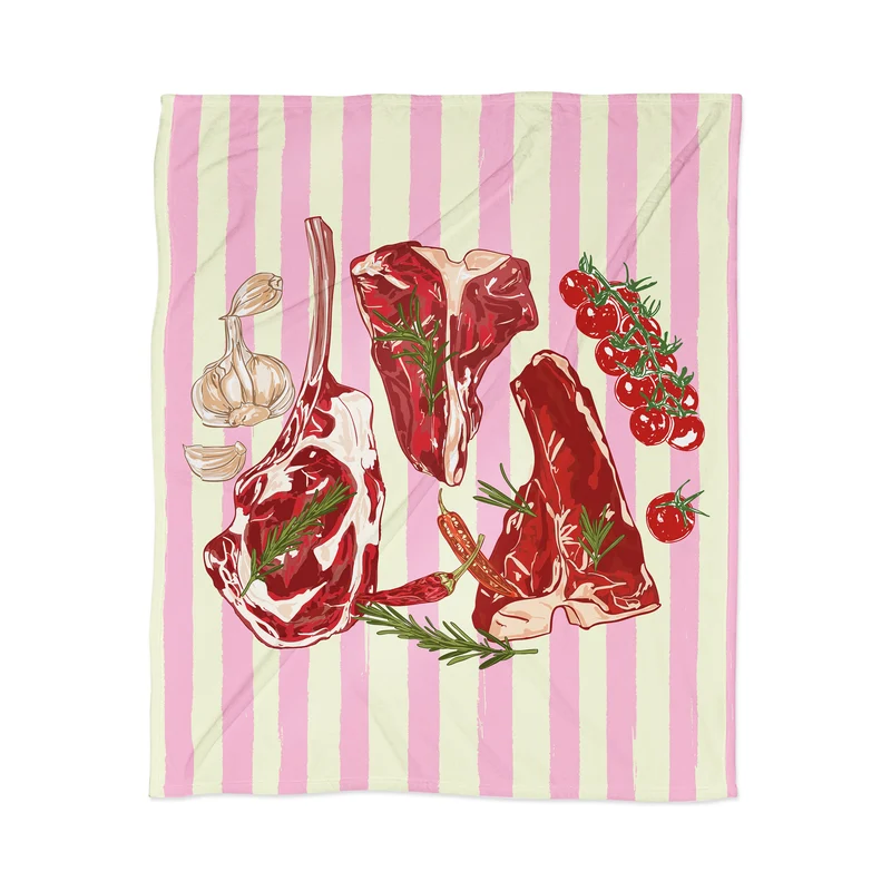 Herb Seasoned Steak Vintage Food Pink Stripe Illustration Throw Blanket