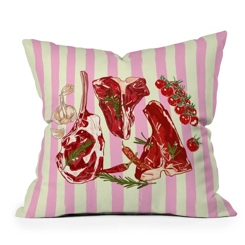 Herb Seasoned Steak Vintage Food Pink Stripe Illustration Throw Pillow