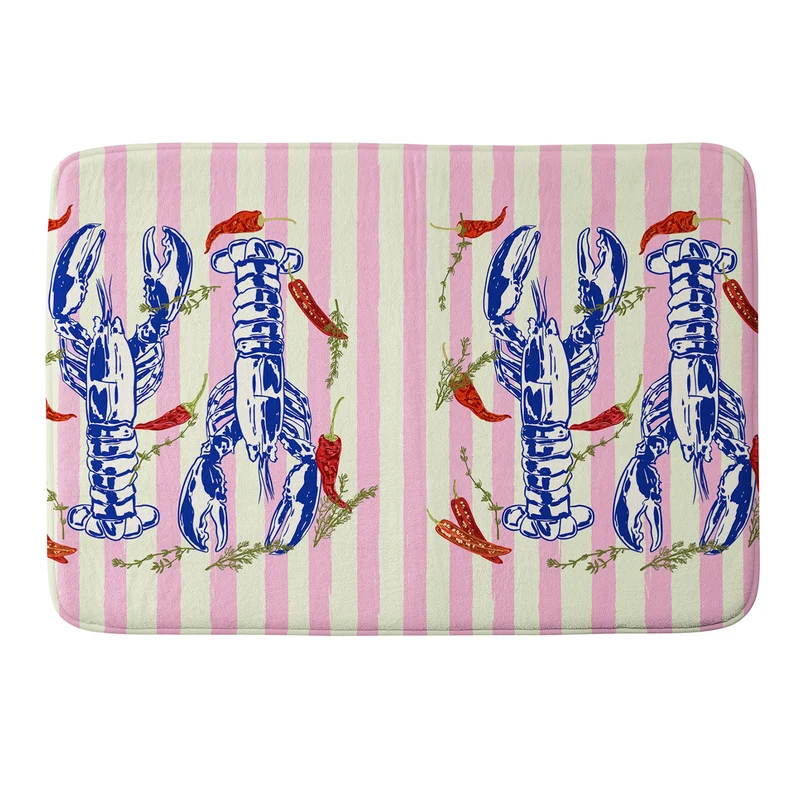 Colorful Lobsters and Peppers in Pink Stripes Bath Mat