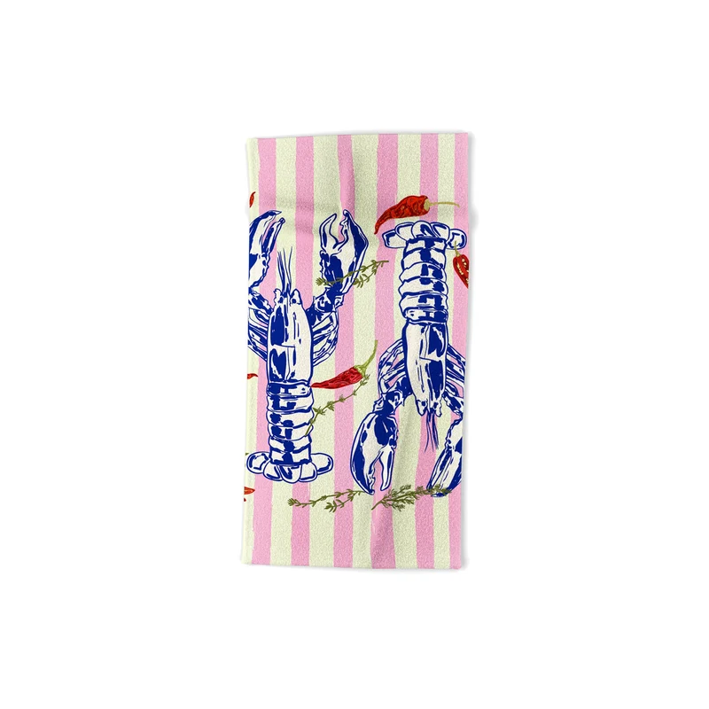 Colorful Lobsters and Peppers in Pink Stripes Bath Towel
