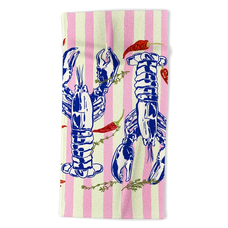 Colorful Lobsters and Peppers in Pink Stripes Bath Towel