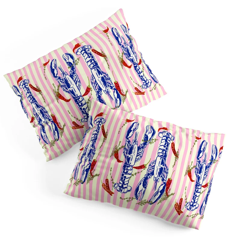 Colorful Lobsters and Peppers in Pink Stripes Pillow Sham