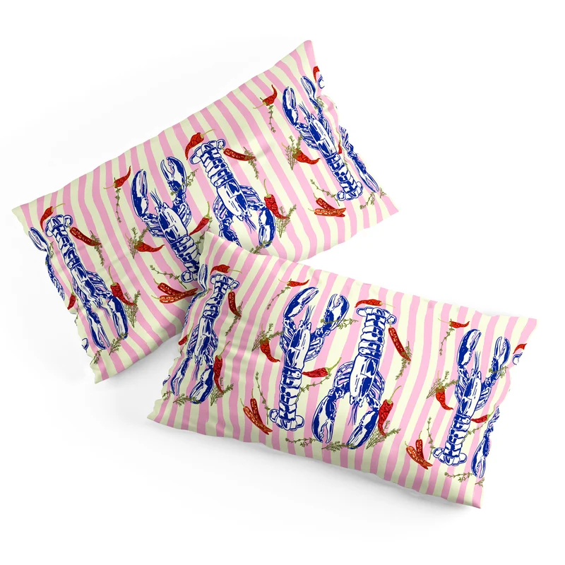 Colorful Lobsters and Peppers in Pink Stripes Pillow Sham