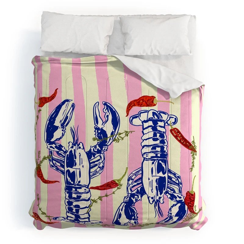 Colorful Lobsters and Peppers in Pink Stripes Comforter