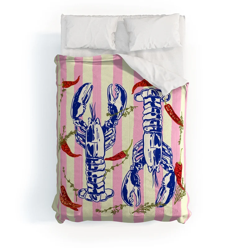 Colorful Lobsters and Peppers in Pink Stripes Comforter