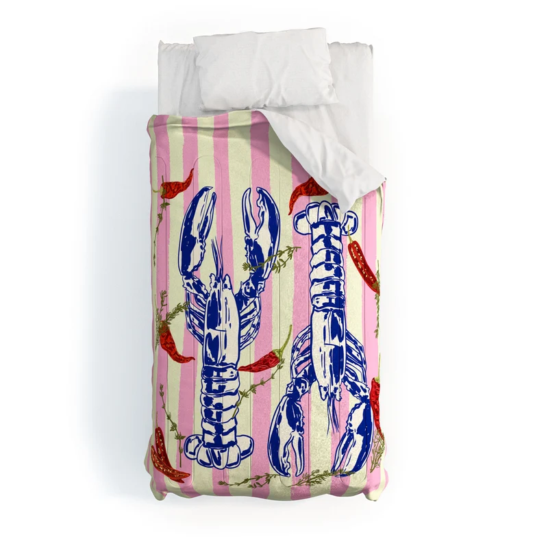 Colorful Lobsters and Peppers in Pink Stripes Comforter