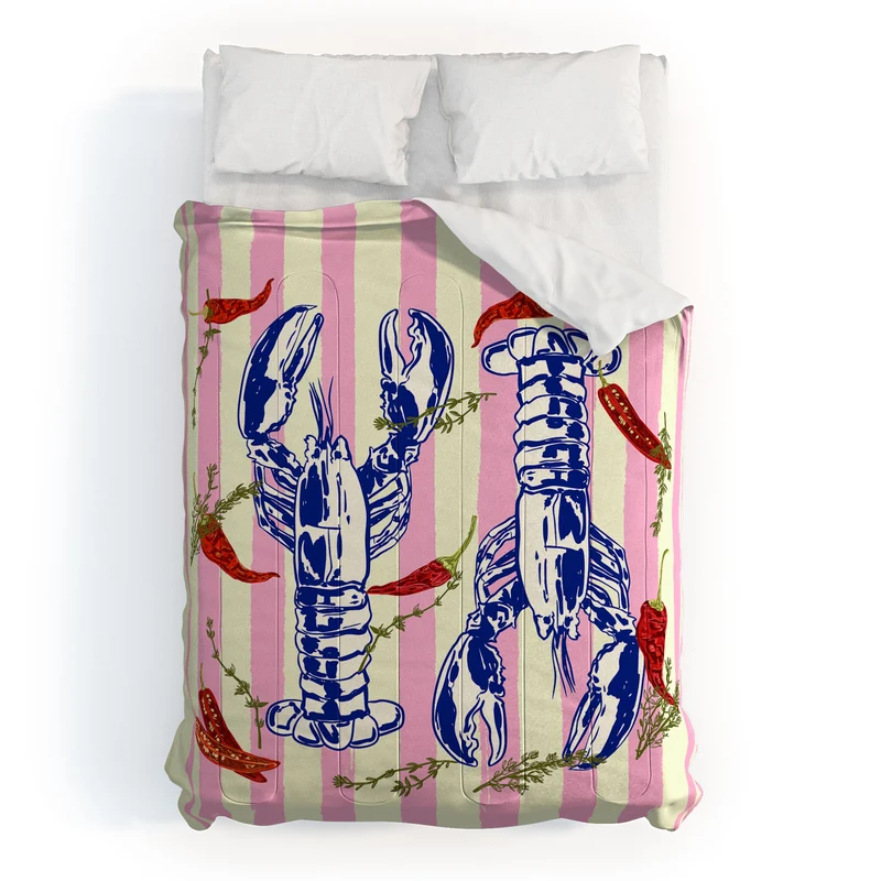 Colorful Lobsters and Peppers in Pink Stripes Comforter