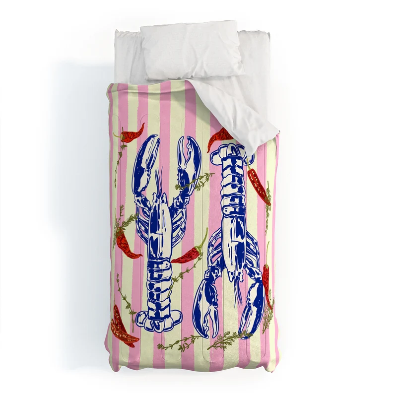Colorful Lobsters and Peppers in Pink Stripes Comforter