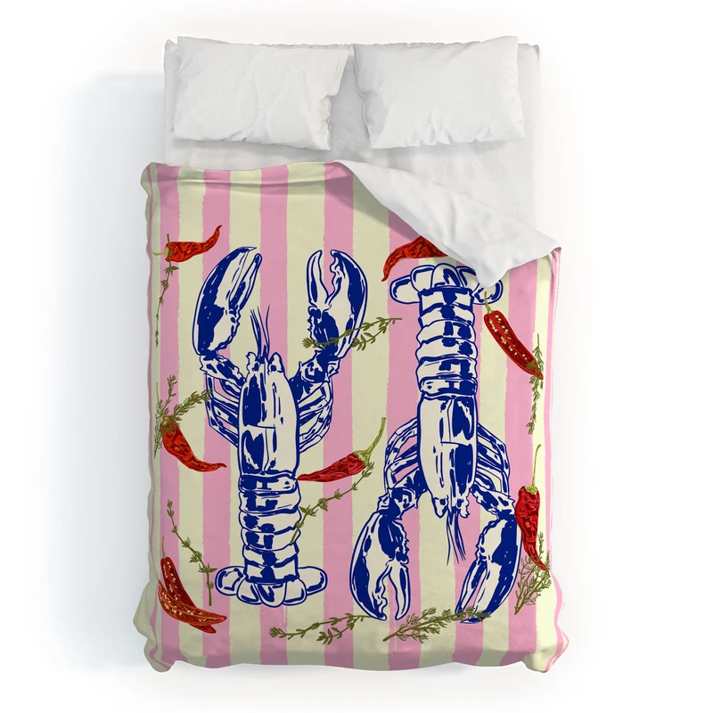 Colorful Lobsters and Peppers in Pink Stripes Duvet Cover