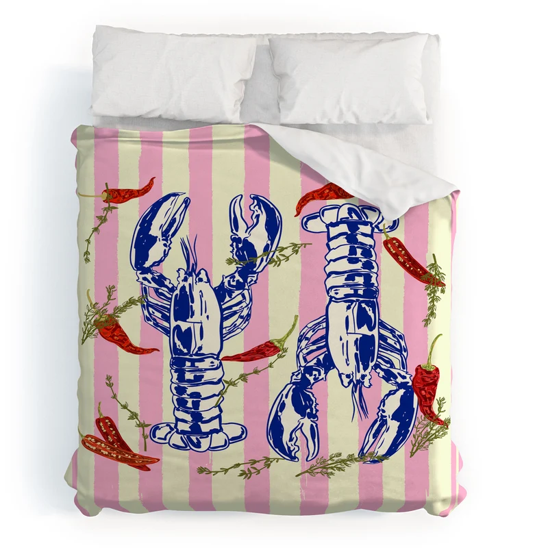 Colorful Lobsters and Peppers in Pink Stripes Duvet Cover