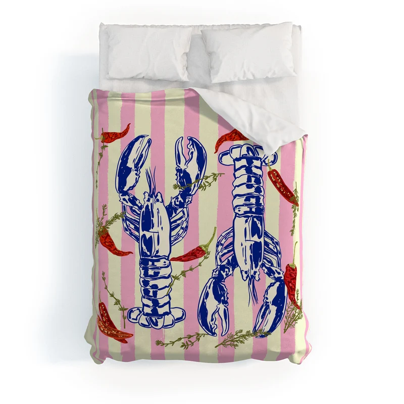 Colorful Lobsters and Peppers in Pink Stripes Duvet Cover