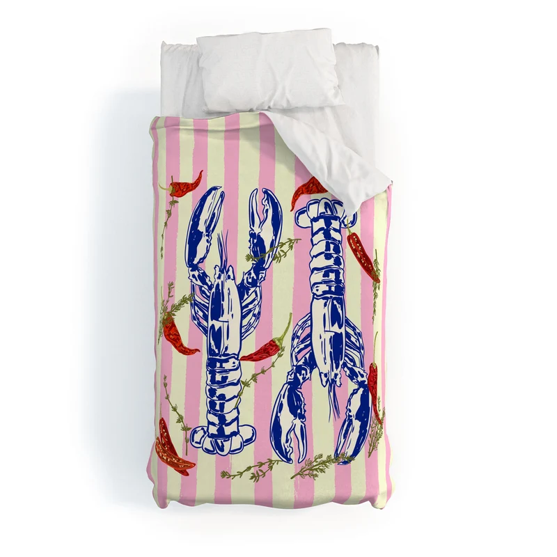 Colorful Lobsters and Peppers in Pink Stripes Duvet Cover