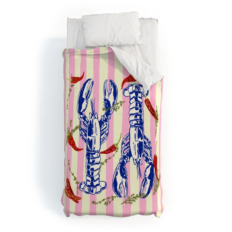 Colorful Lobsters and Peppers in Pink Stripes Duvet Cover