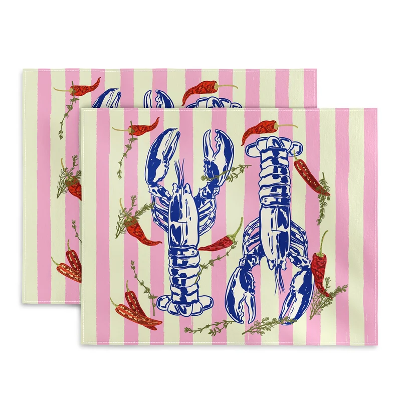 Colorful Lobsters and Peppers in Pink Stripes Placemat