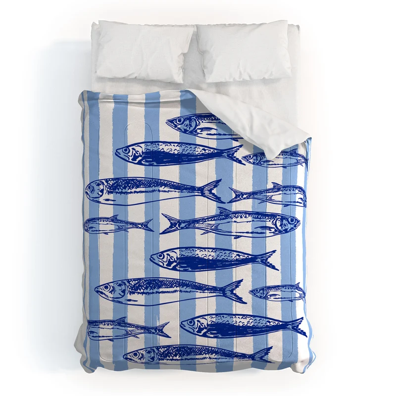 Coastal Blue Stripes Sardines Aesthetic Comforter