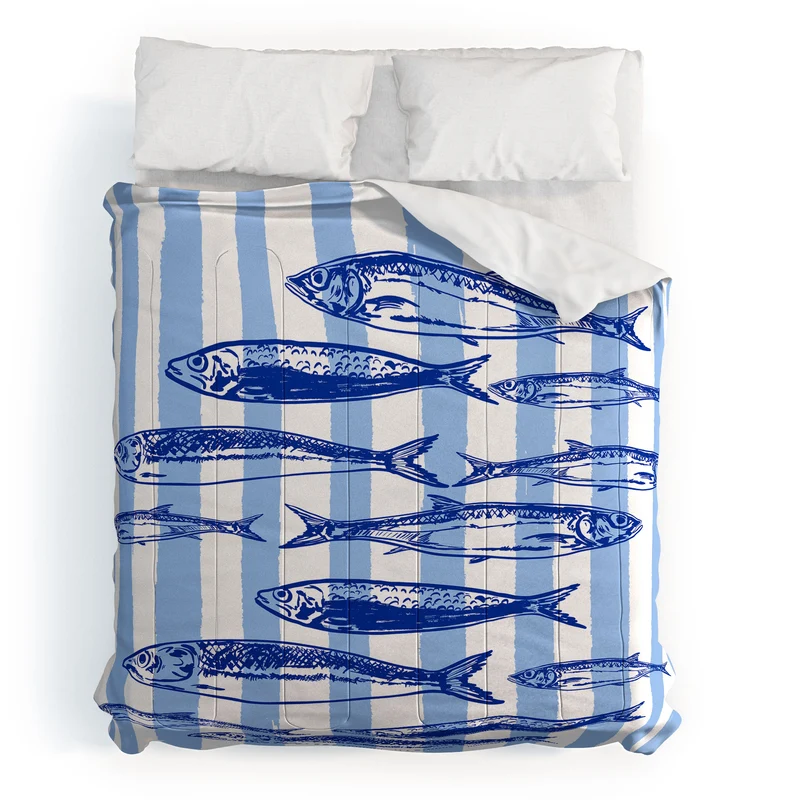 Coastal Blue Stripes Sardines Aesthetic Comforter