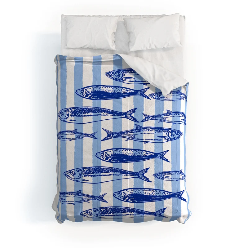 Coastal Blue Stripes Sardines Aesthetic Comforter