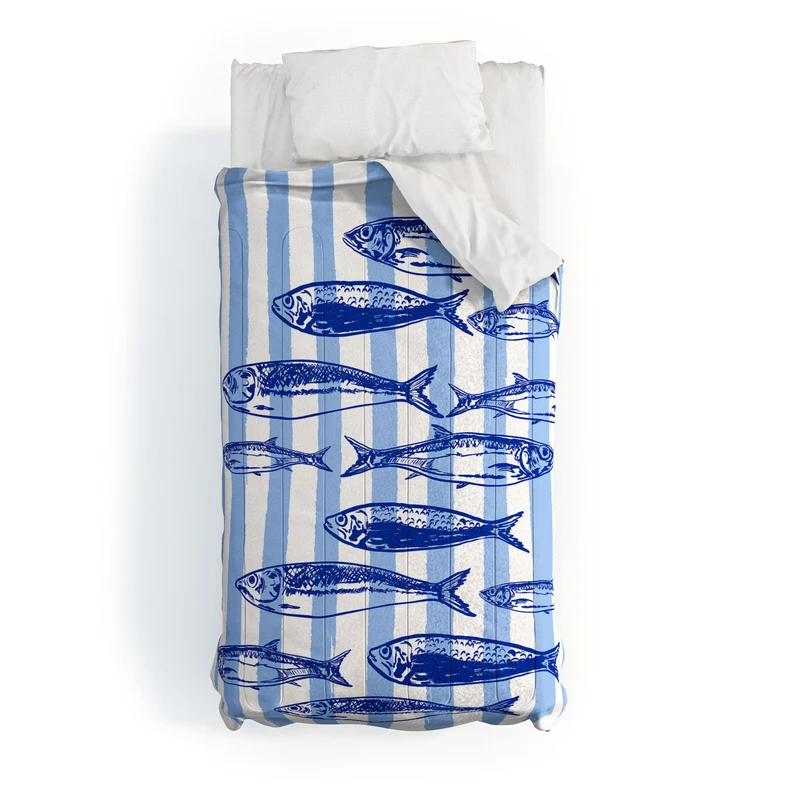 Coastal Blue Stripes Sardines Aesthetic Comforter