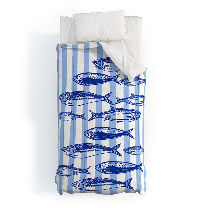 Coastal Blue Stripes Sardines Aesthetic Comforter