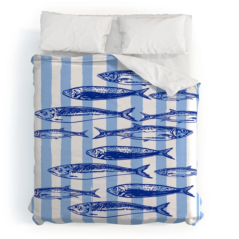 Coastal Blue Stripes Sardines Aesthetic Duvet Cover