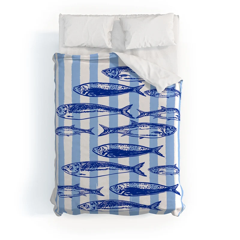 Coastal Blue Stripes Sardines Aesthetic Duvet Cover