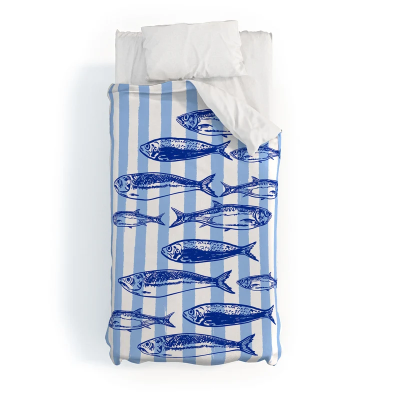 Coastal Blue Stripes Sardines Aesthetic Duvet Cover