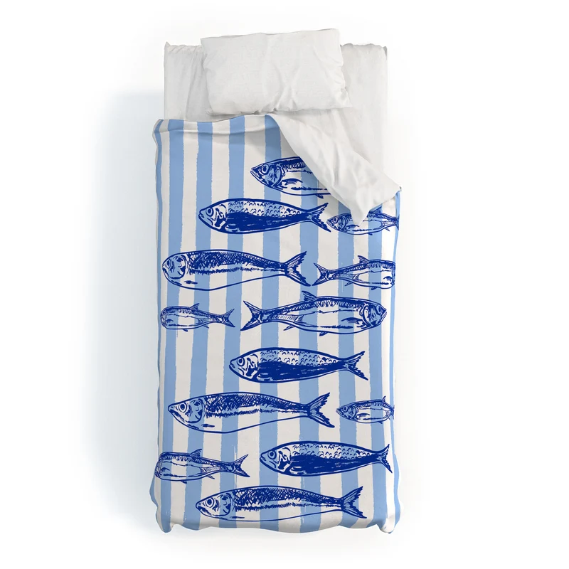 Coastal Blue Stripes Sardines Aesthetic Duvet Cover