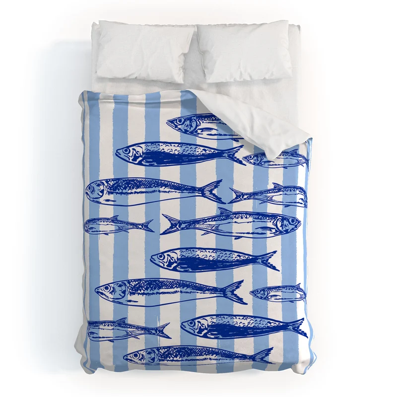 Coastal Blue Stripes Sardines Aesthetic Duvet Cover