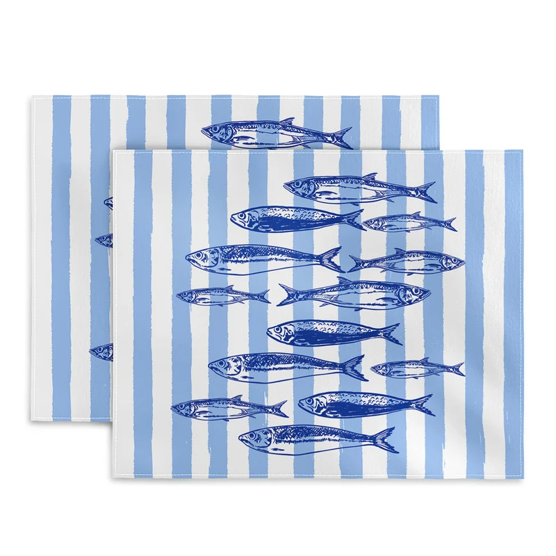 Coastal Blue Stripes Sardines Aesthetic Placemat