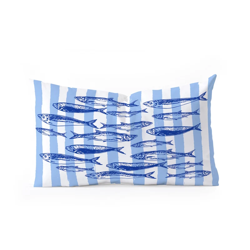 Coastal Blue Stripes Sardines Aesthetic Rectangular Pillow