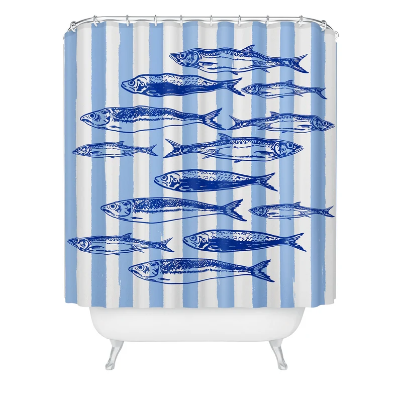 Coastal Blue Stripes Sardines Aesthetic Shower Curtain