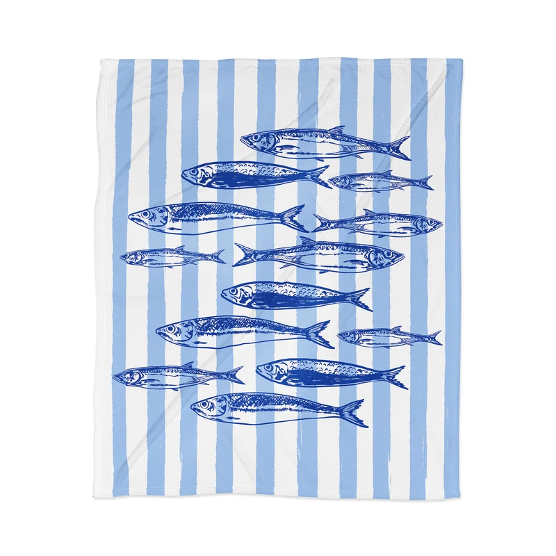 Coastal Blue Stripes Sardines Aesthetic Throw Blanket