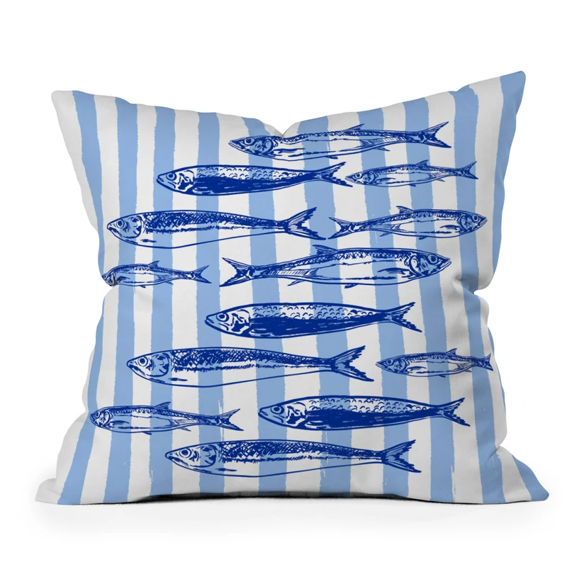 Coastal Blue Stripes Sardines Aesthetic Throw Pillow