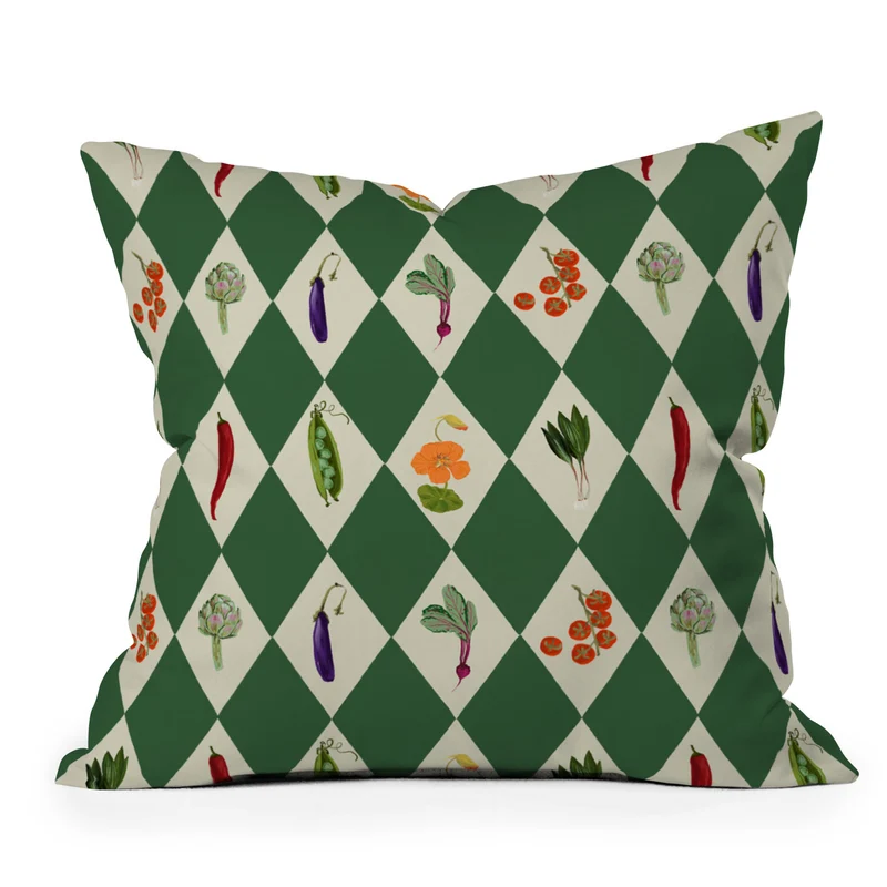Vegetable Garden Dark Green Harlequin Pattern Throw Pillow