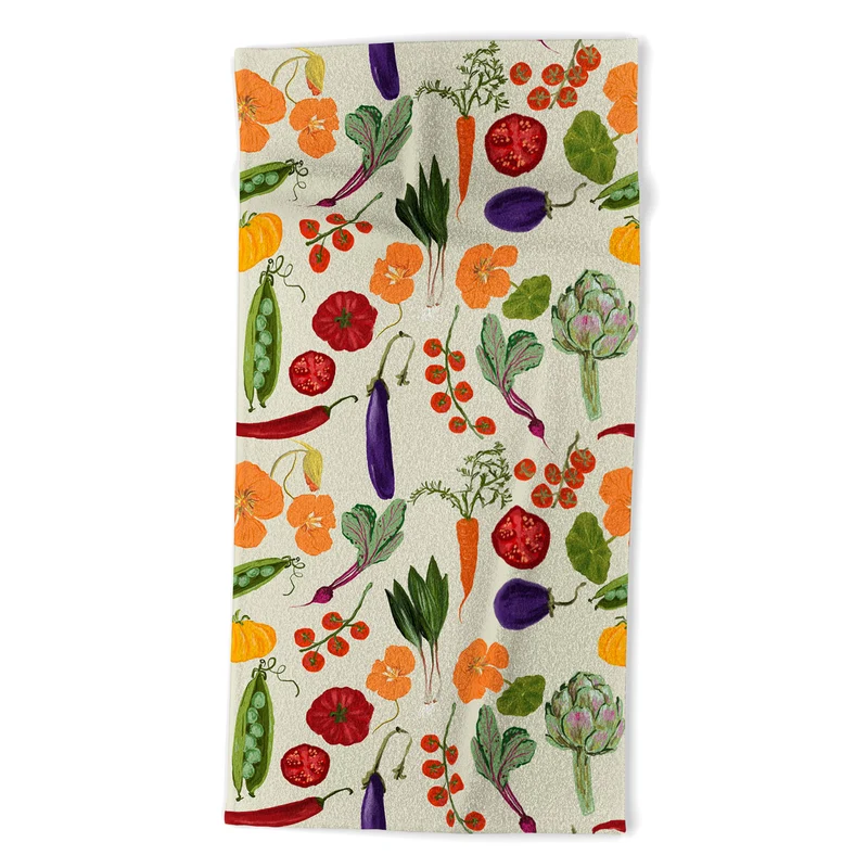 Colorful Garden Vegetables and Nasturtium Flowers Bath Towel
