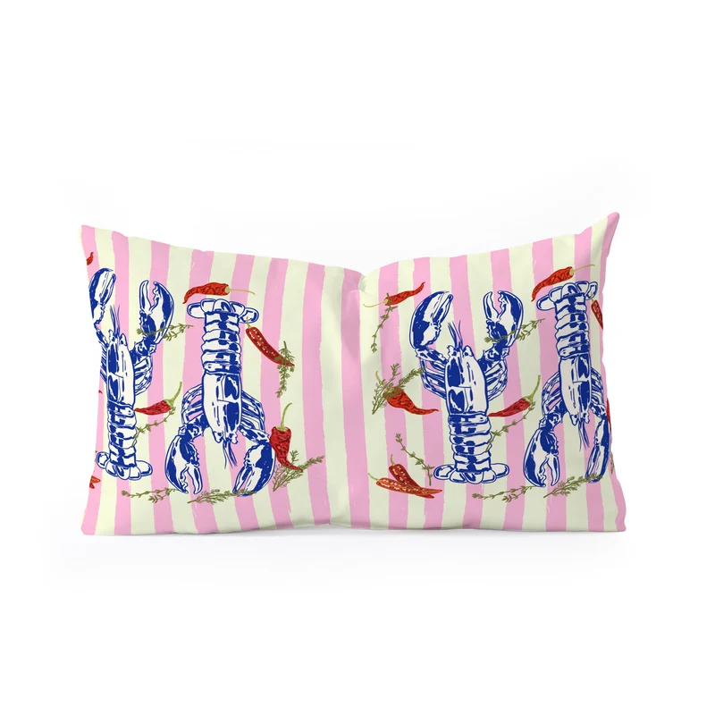Colorful Lobsters and Peppers in Pink Stripes Rectangular Pillow