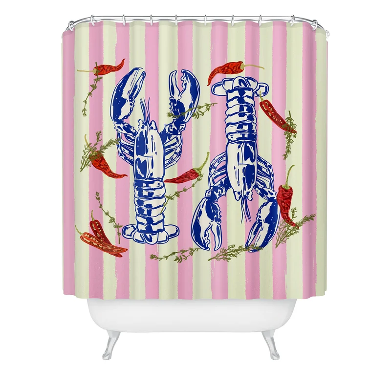 Colorful Lobsters and Peppers in Pink Stripes Shower Curtain