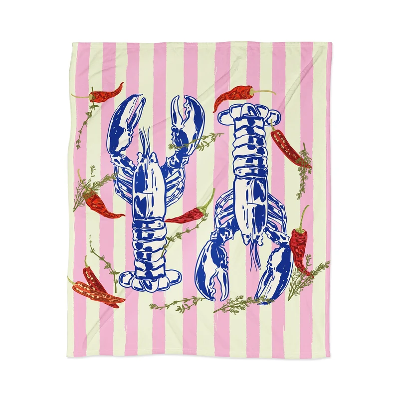 Colorful Lobsters and Peppers in Pink Stripes Throw Blanket