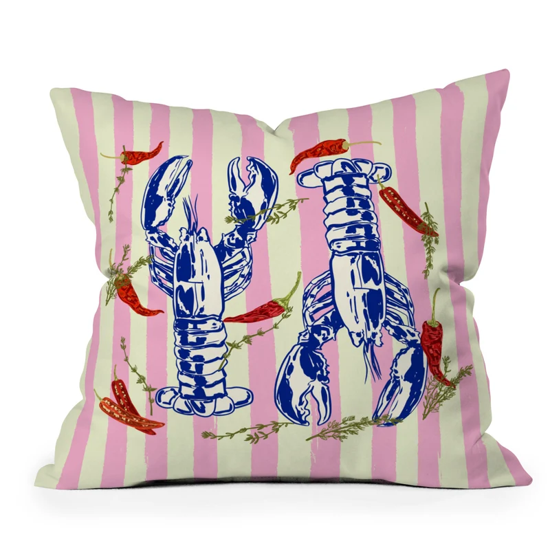 Colorful Lobsters and Peppers in Pink Stripes Throw Pillow