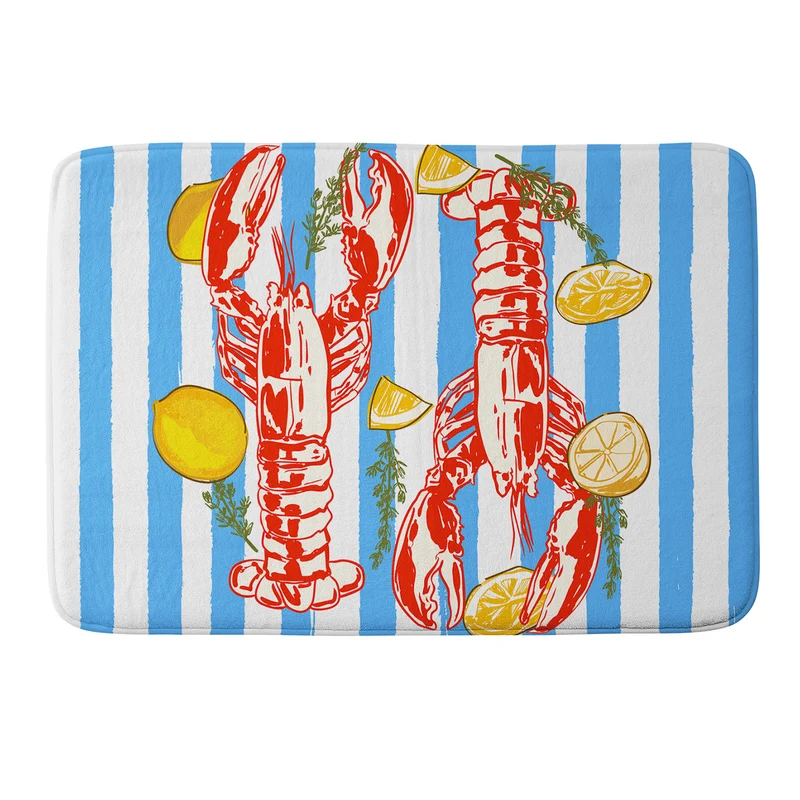 Blue Coastal Stripes Lobster and Lemon Mediterranean Illustration Bath Mat