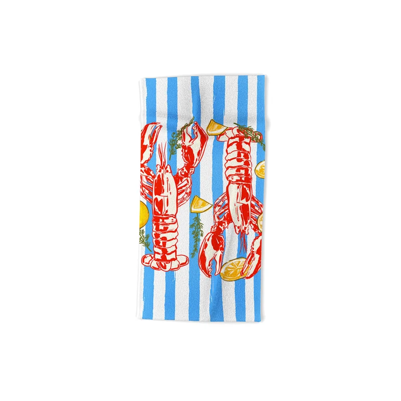 Blue Coastal Stripes Lobster and Lemon Mediterranean Illustration Bath Towel