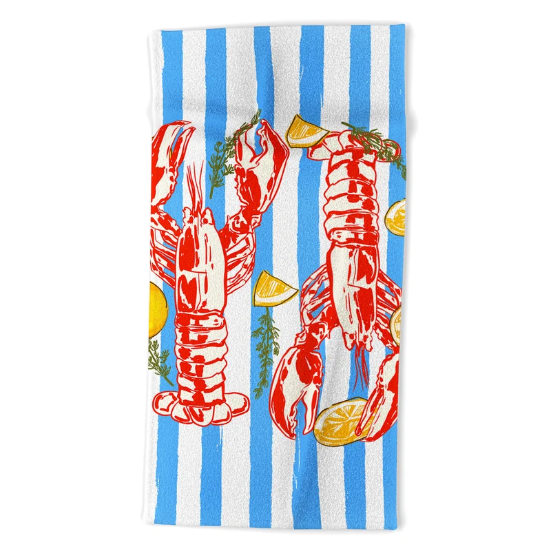 Blue Coastal Stripes Lobster and Lemon Mediterranean Illustration Bath Towel
