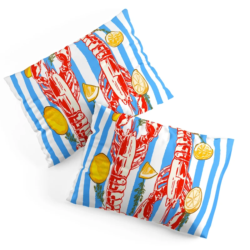 Blue Coastal Stripes Lobster and Lemon Mediterranean Illustration Pillow Sham