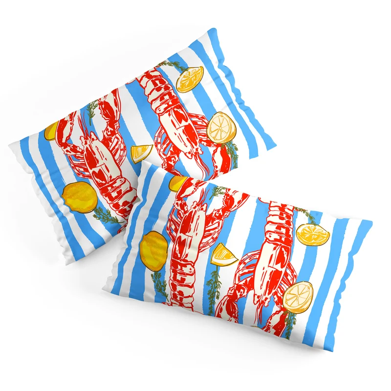 Blue Coastal Stripes Lobster and Lemon Mediterranean Illustration Pillow Sham
